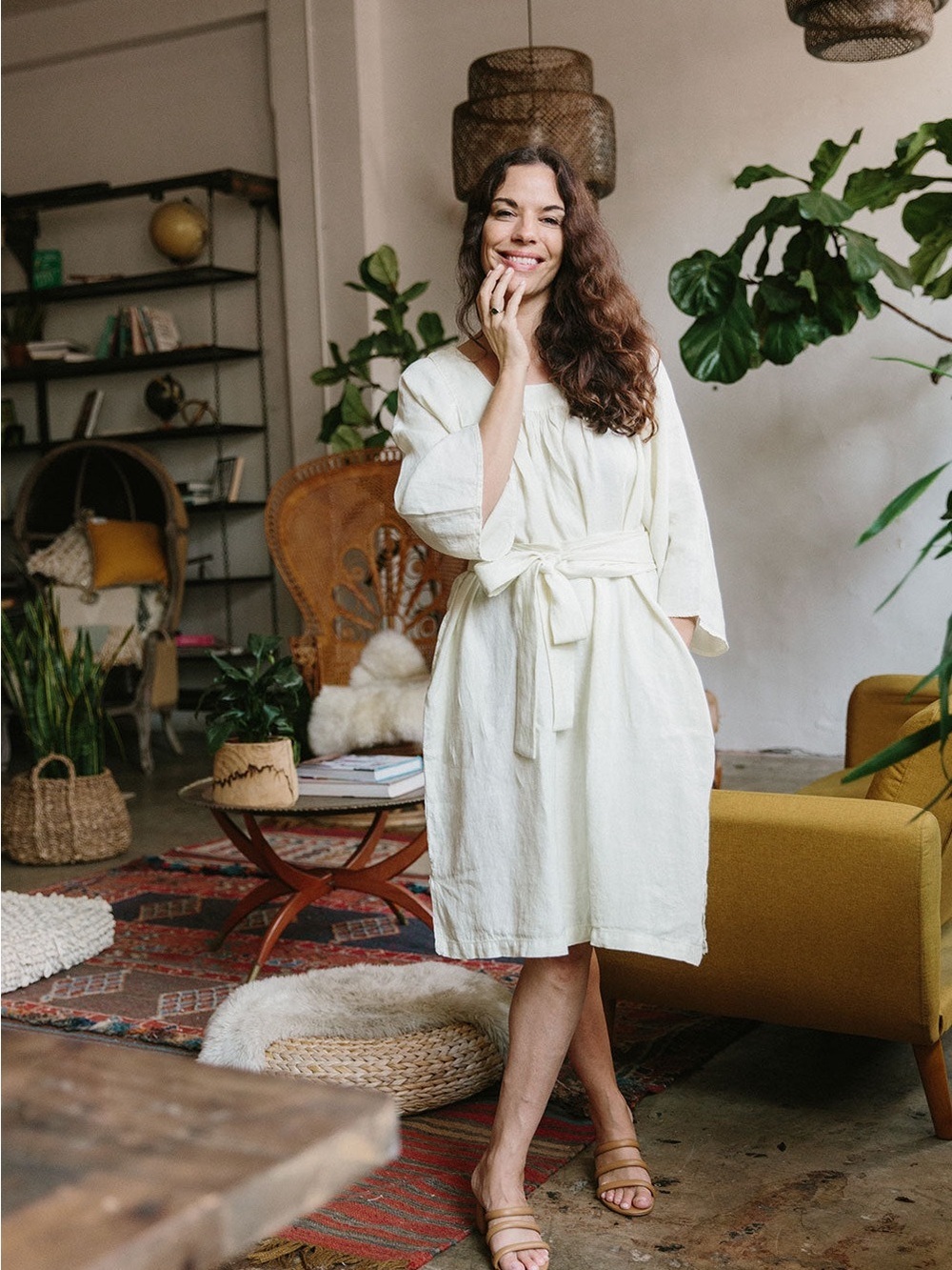 Suunday Lightweight Cream Midi Robe Dress with Self-Tie Belt